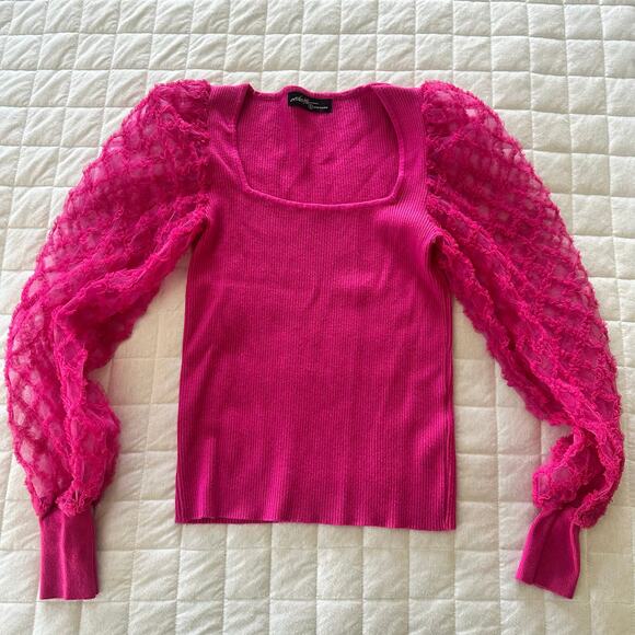 On Twelfth Top Womens Small Hot Pink Sheer Puff Sleeve Dainty Milkmaid Coquette - Picture 3 of 12